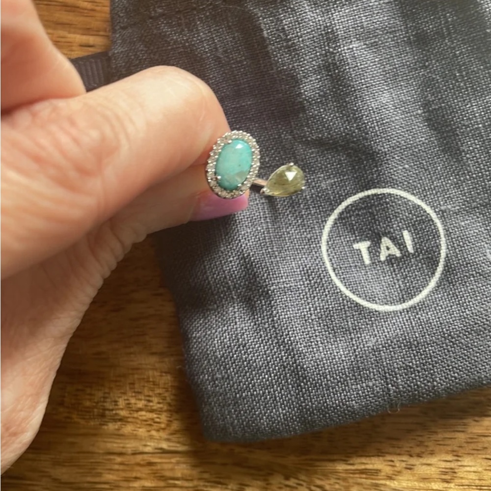 Tai jewelry adjustable gold plated ring with labradorite and blue opaque stone